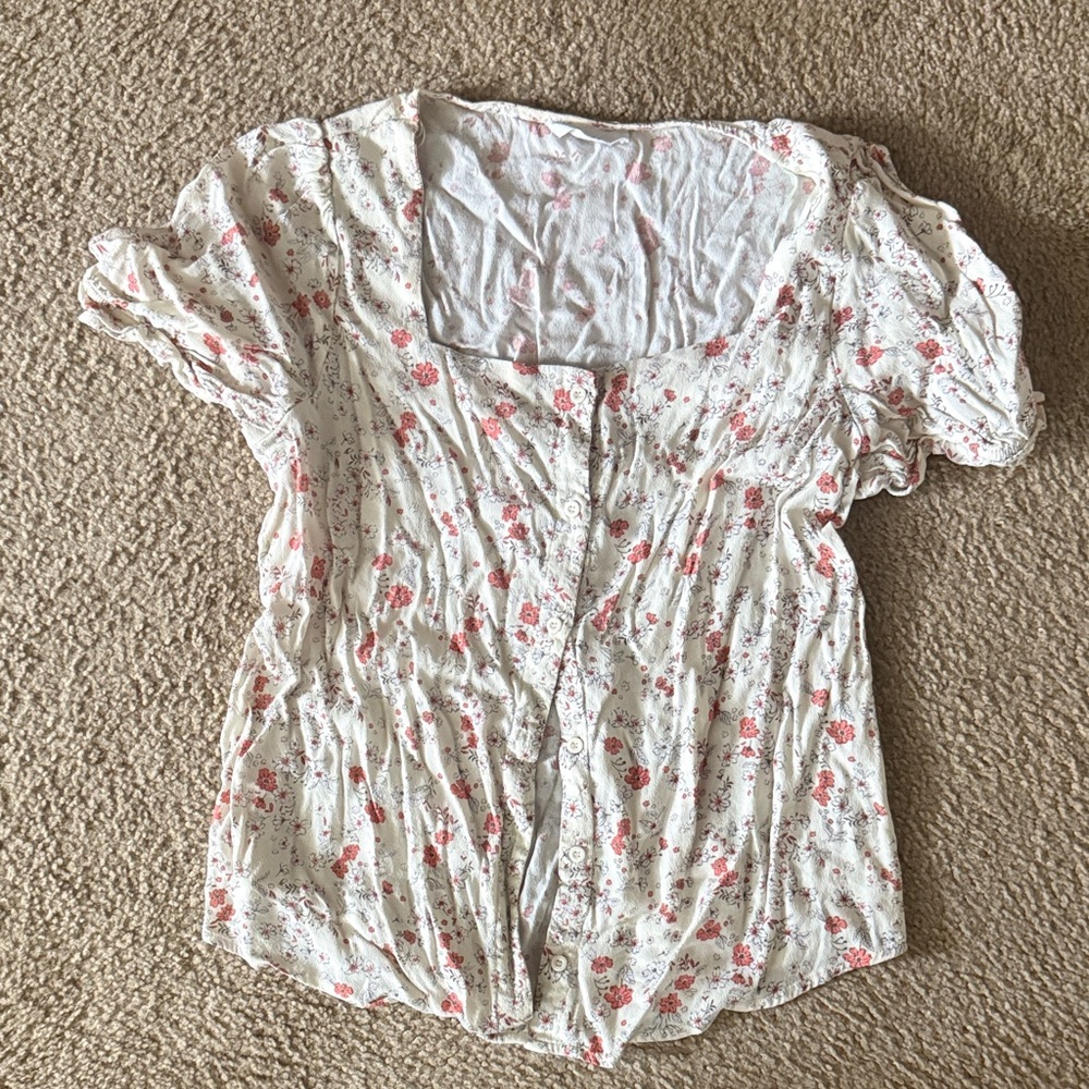 Elodie White and Pink Floral Button-Down Shirt